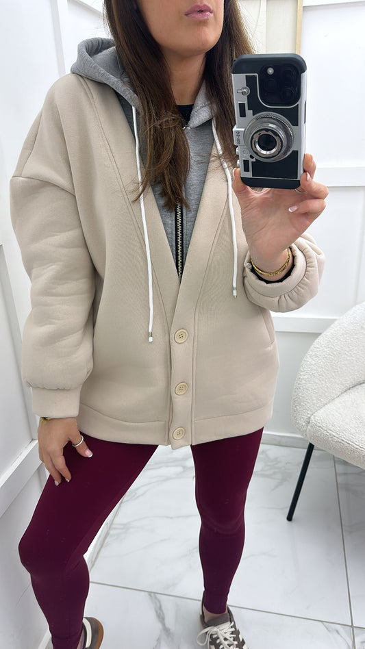 MYLA beige super soft jacket with grey hoody detail