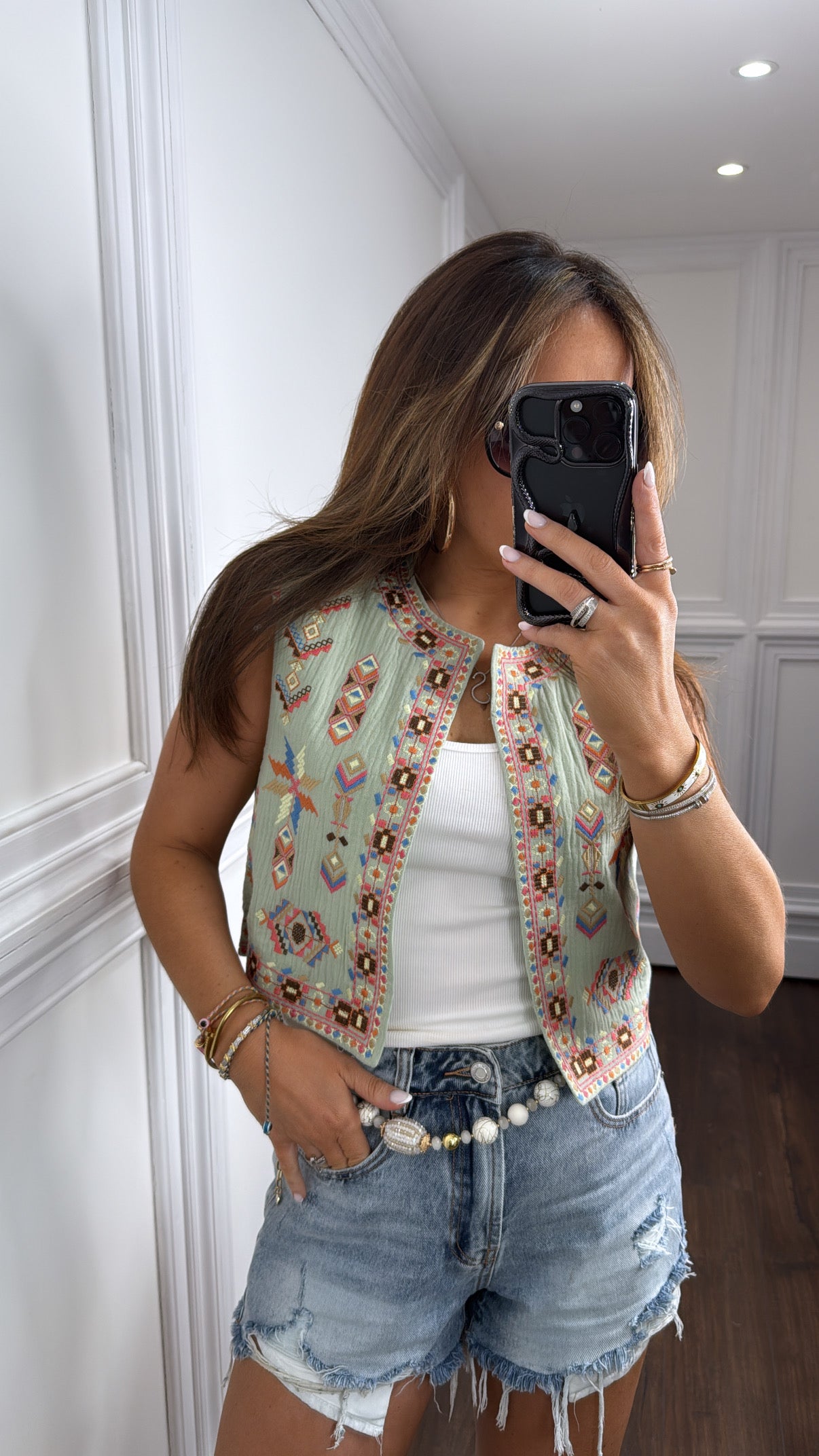 CHARLIE sage green embroidered waist jacket