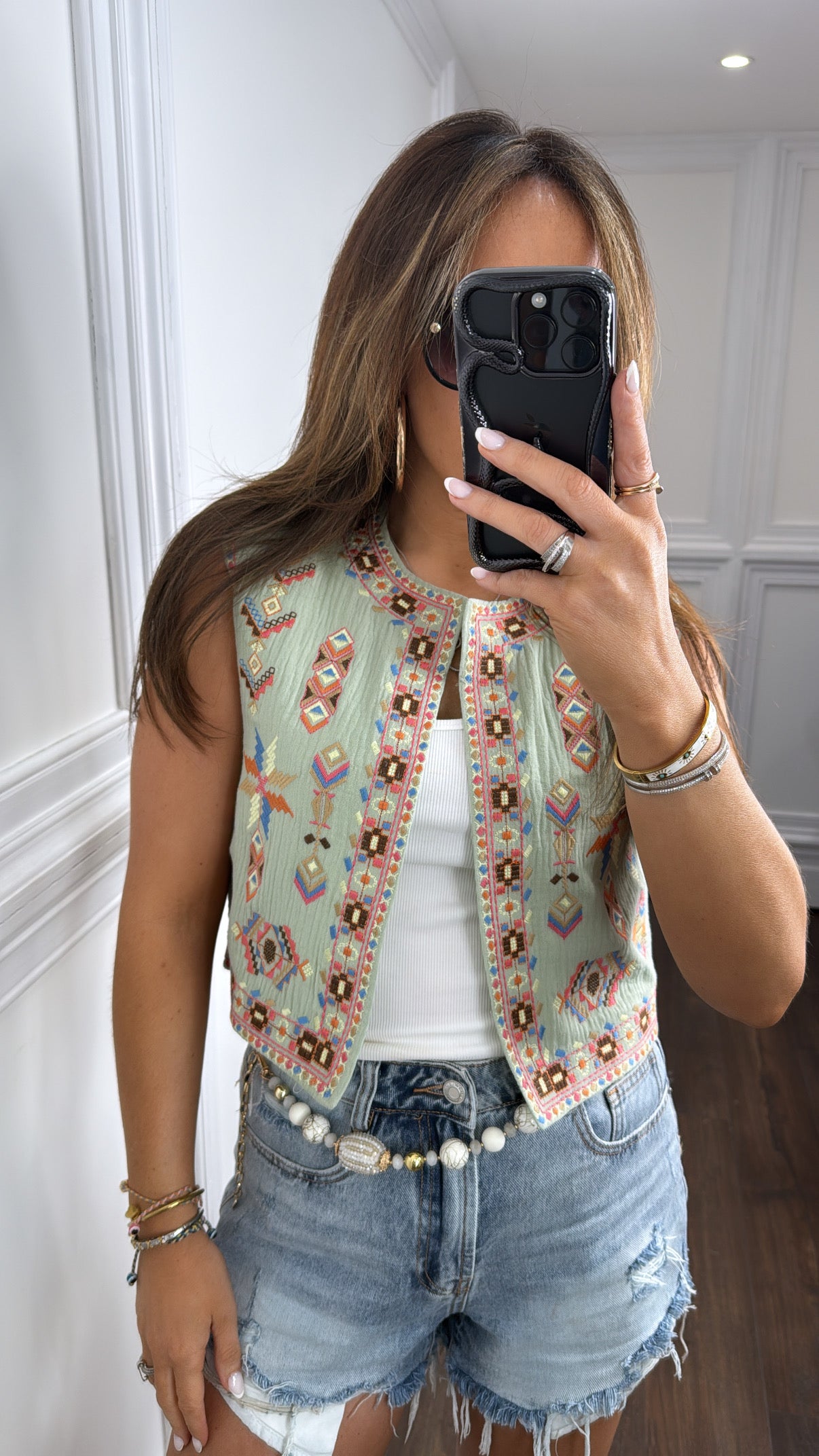 CHARLIE sage green embroidered waist jacket