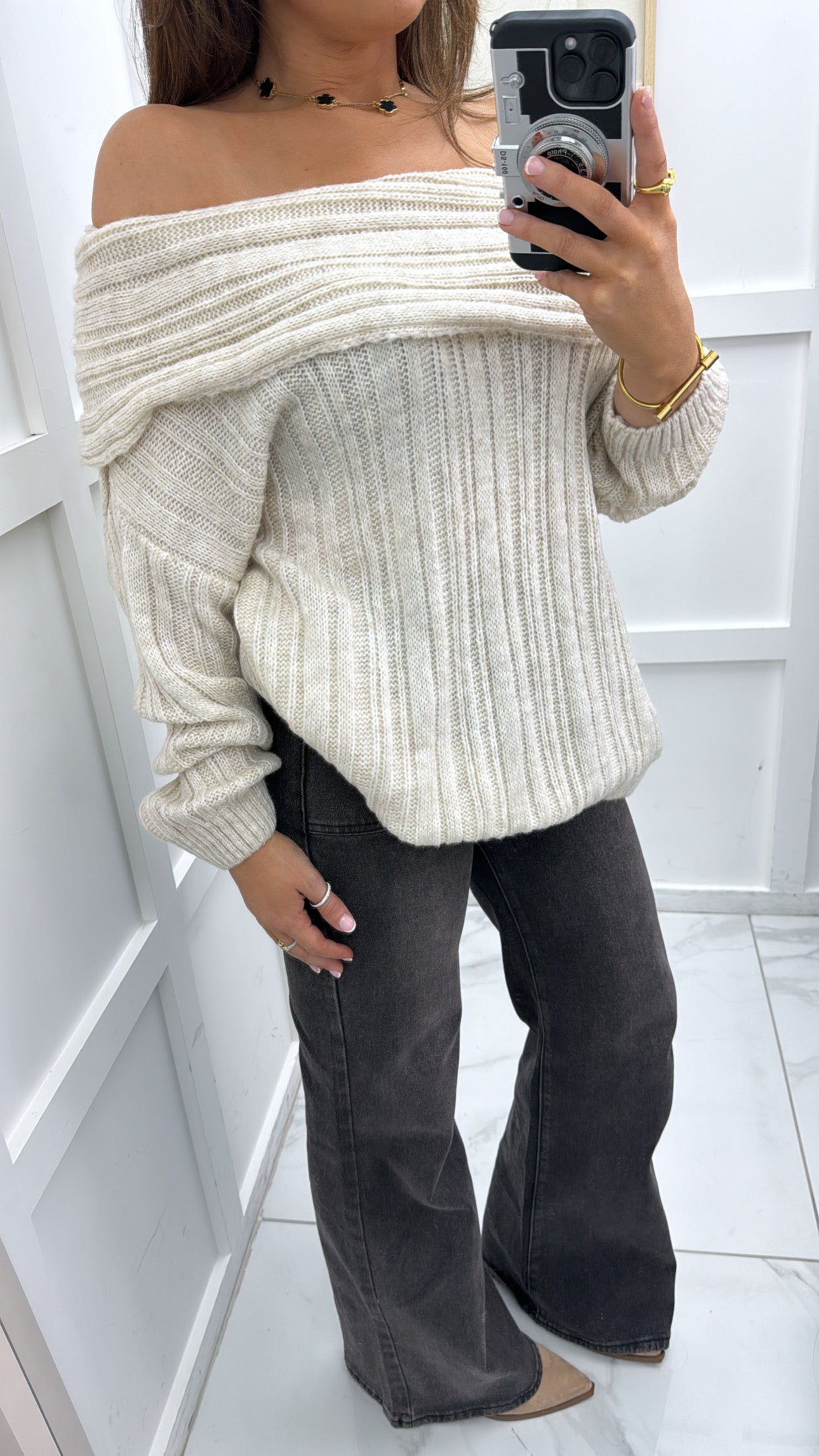 HAILEY beige off the shoulder knit jumper