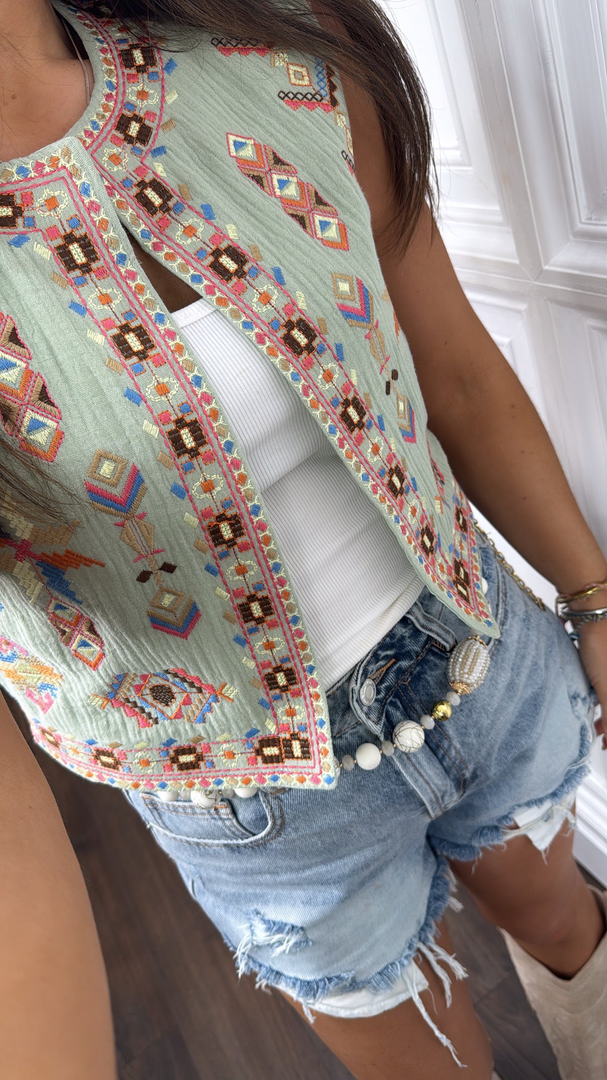 CHARLIE sage green embroidered waist jacket