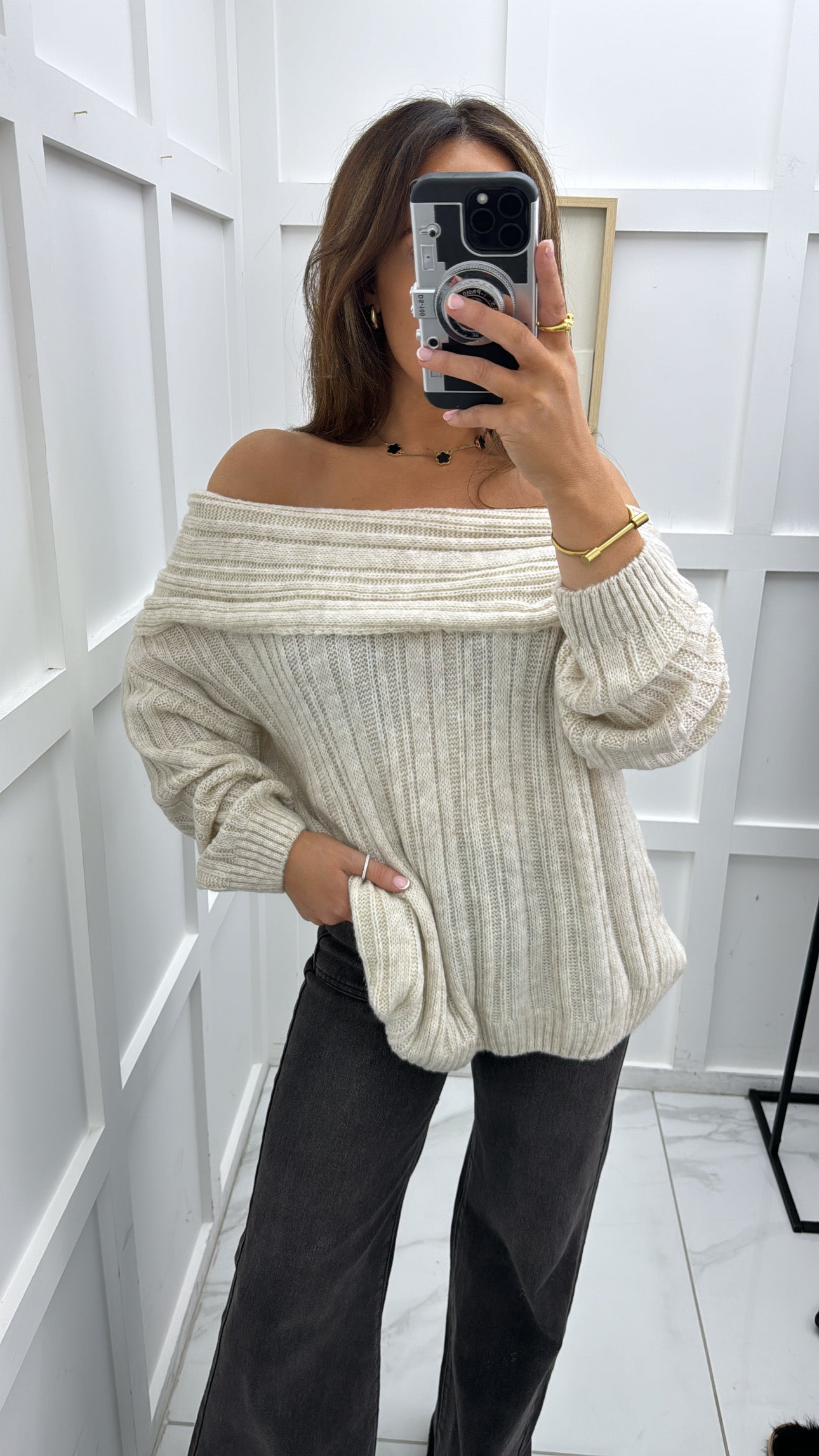 HAILEY beige off the shoulder knit jumper