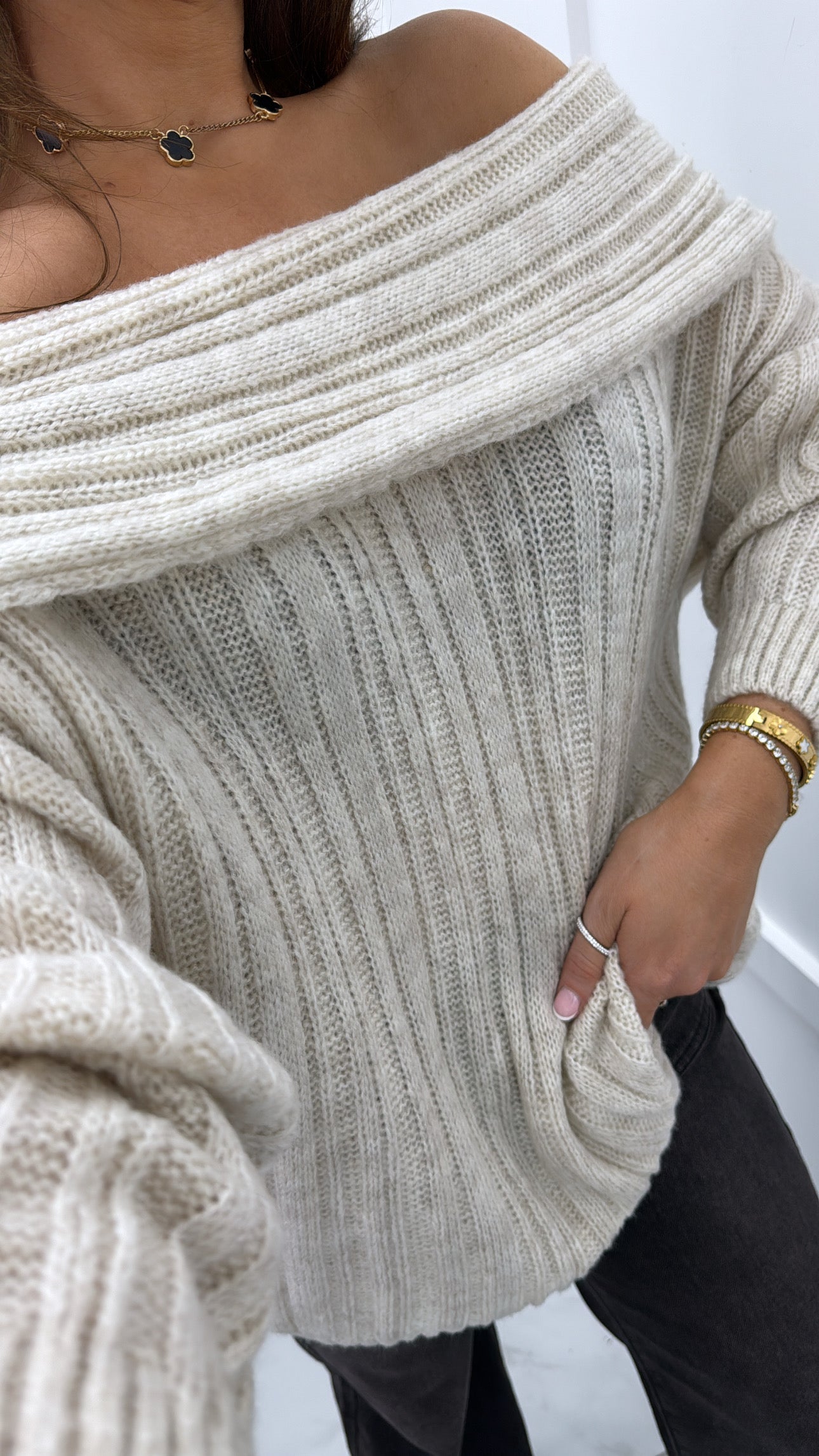 HAILEY beige off the shoulder knit jumper