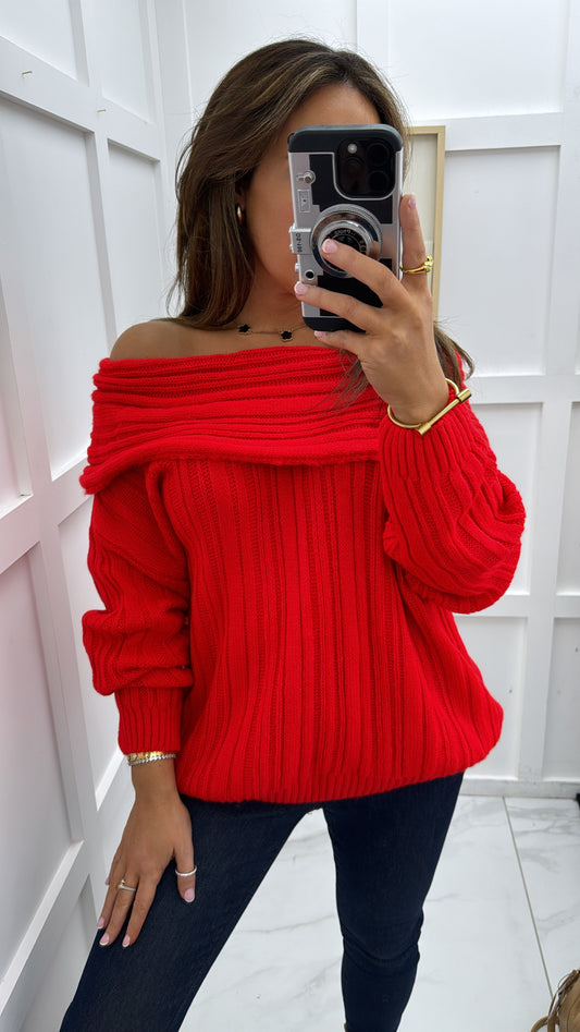 HAILEY red off the shoulder knit jumper