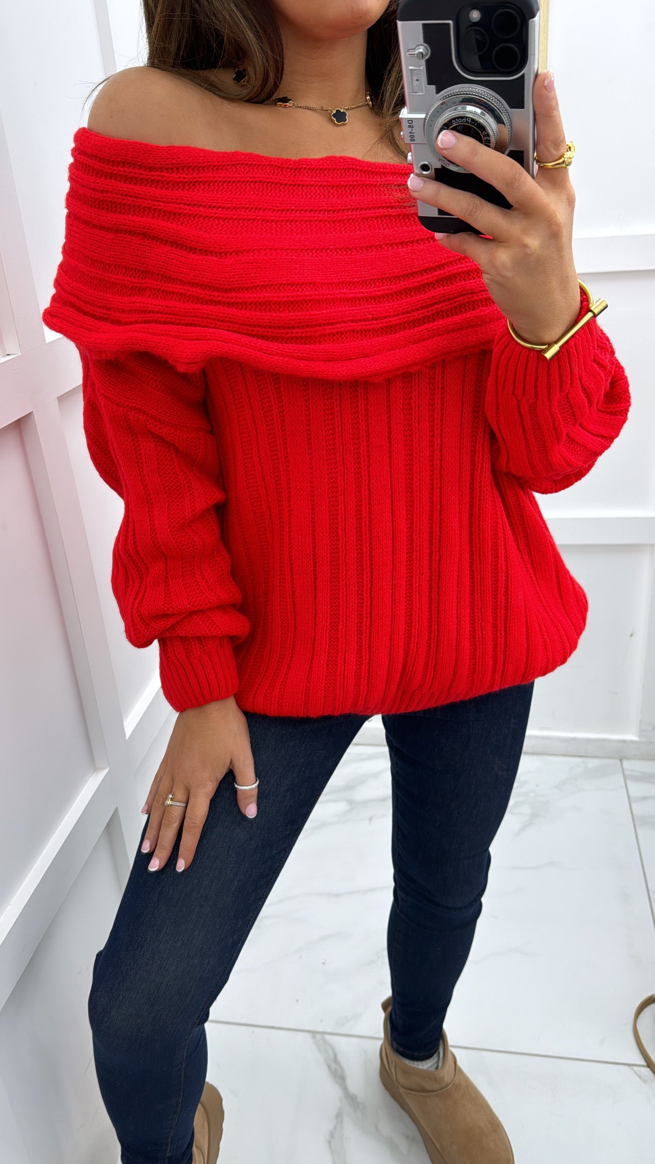 HAILEY red off the shoulder knit jumper