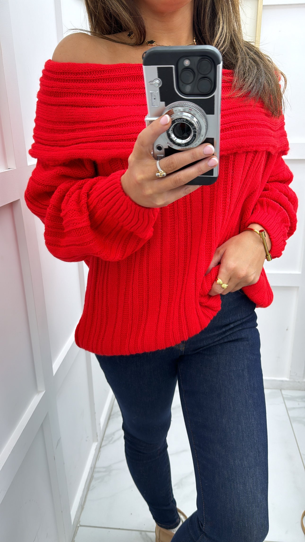 HAILEY red off the shoulder knit jumper