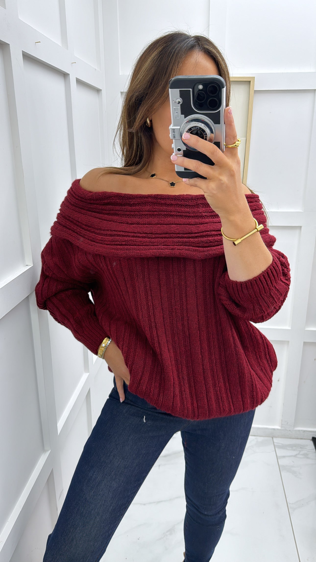 HAILEY burgundy off the shoulder knit jumper