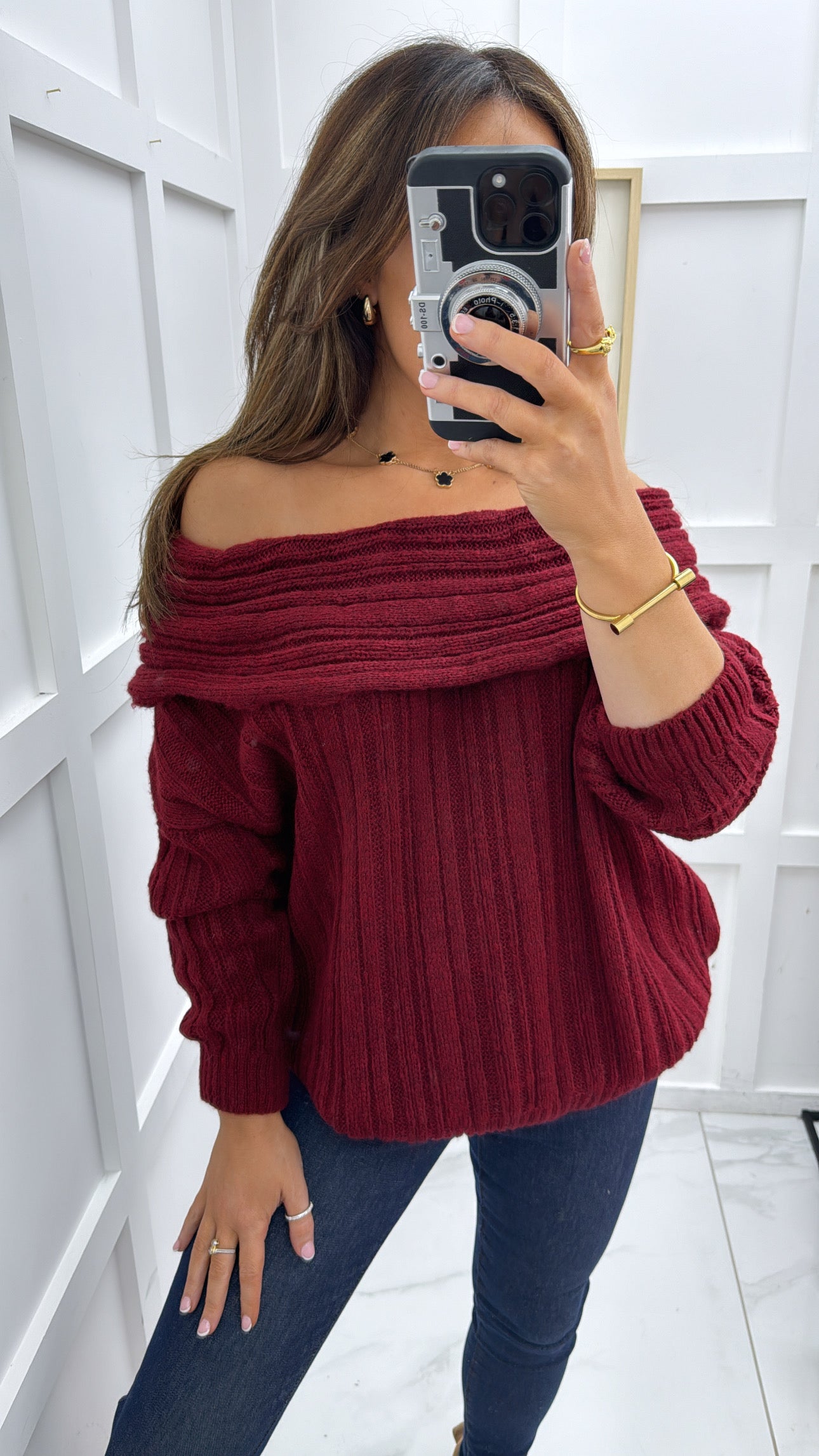 HAILEY burgundy off the shoulder knit jumper