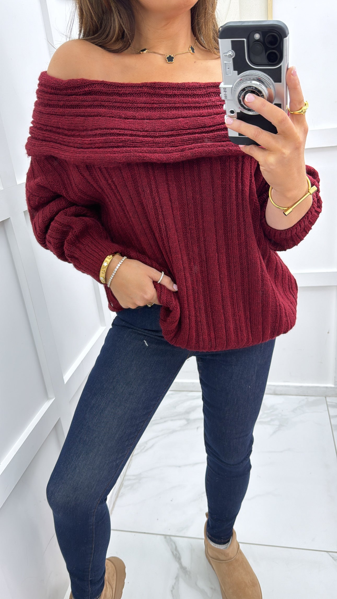 HAILEY burgundy off the shoulder knit jumper