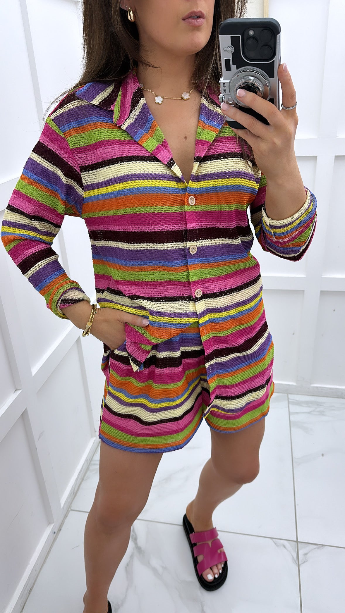 SERINA pink/multi colour knitted shirt & shorts co-ord