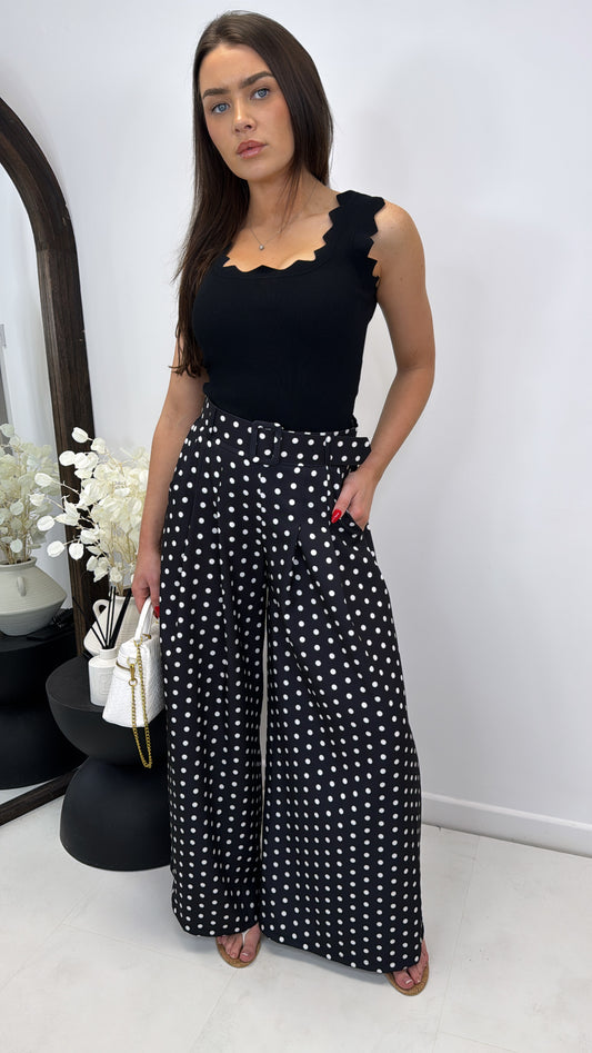 DEMI black polka dot wide leg trousers