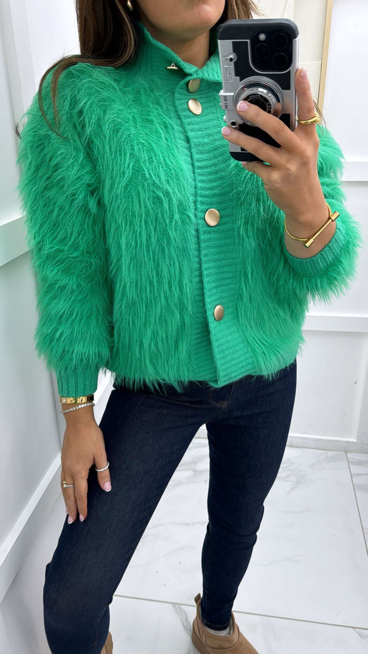 ANNABELLE green fur knit cardigan