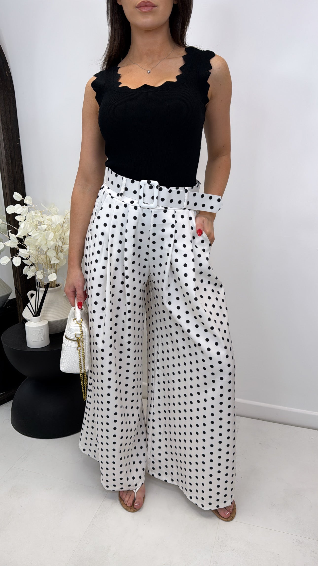 DEMI white polka dot wide leg trousers