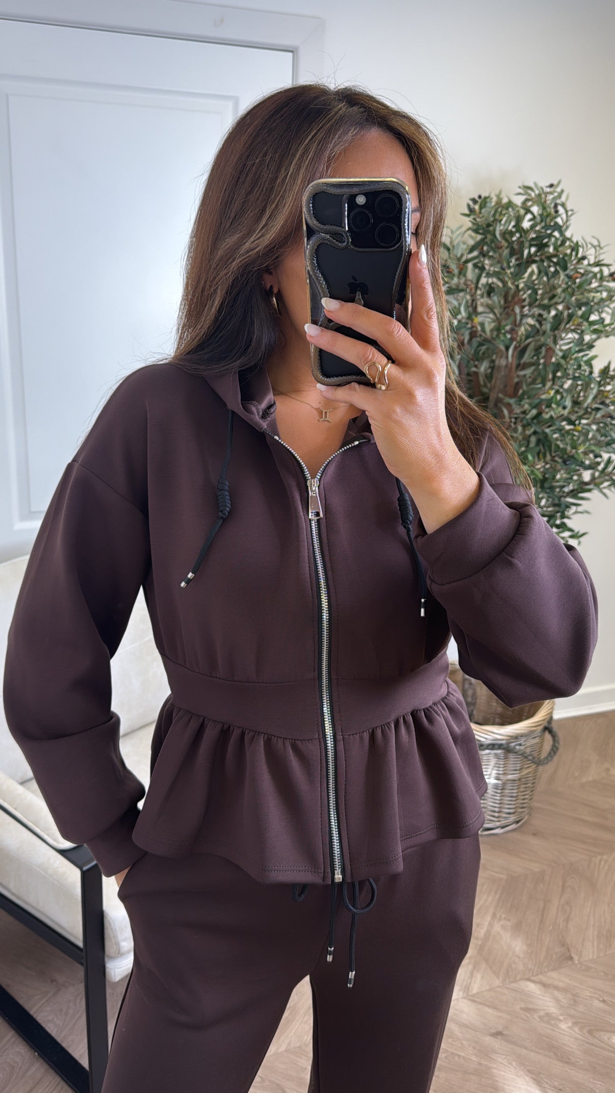 LUELLA chocolate peplum jacket and trousers lounge set