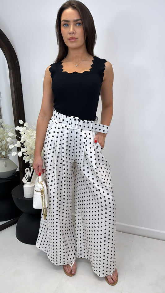 DEMI white polka dot wide leg trousers
