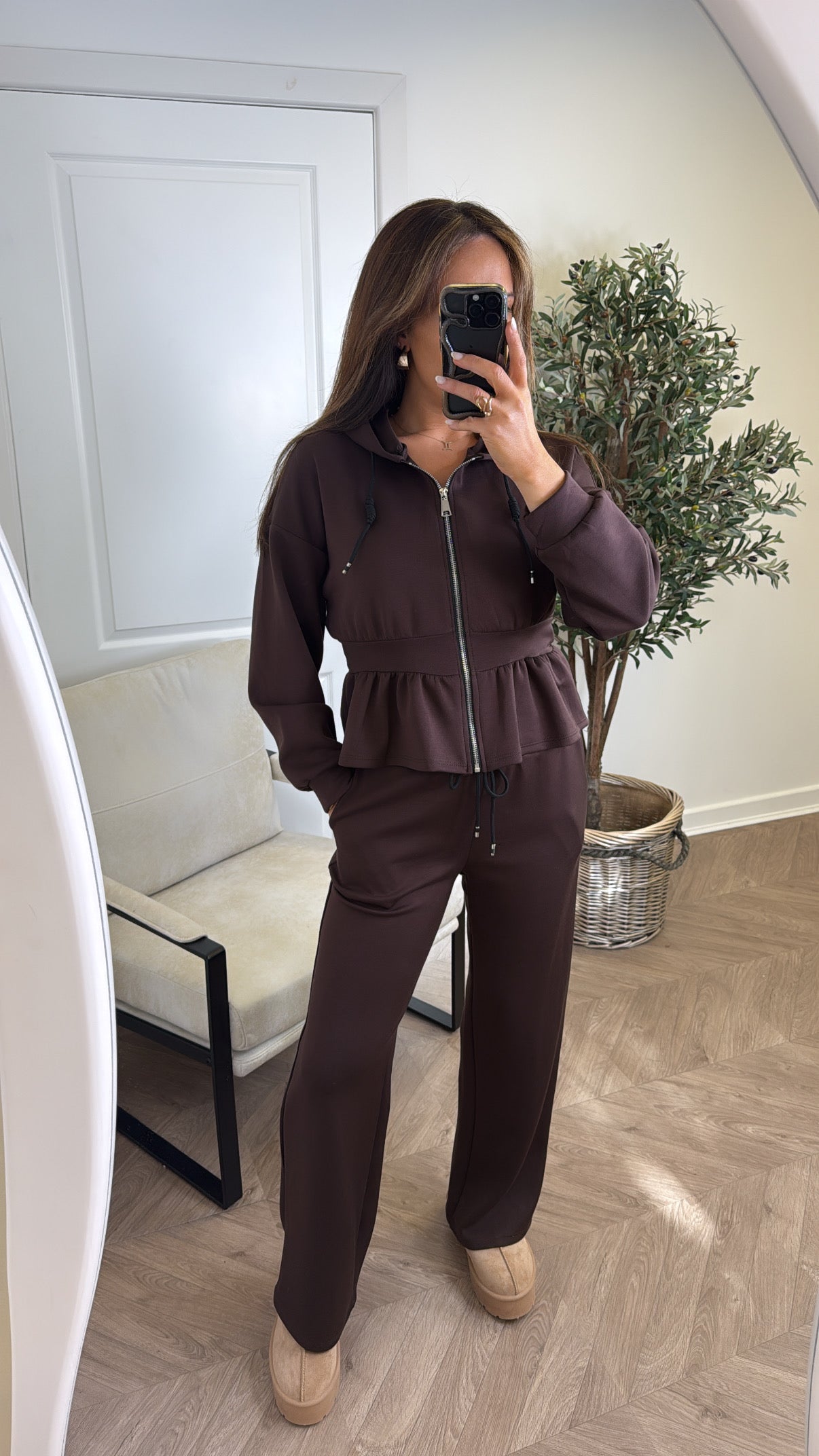 LUELLA chocolate peplum jacket and trousers lounge set