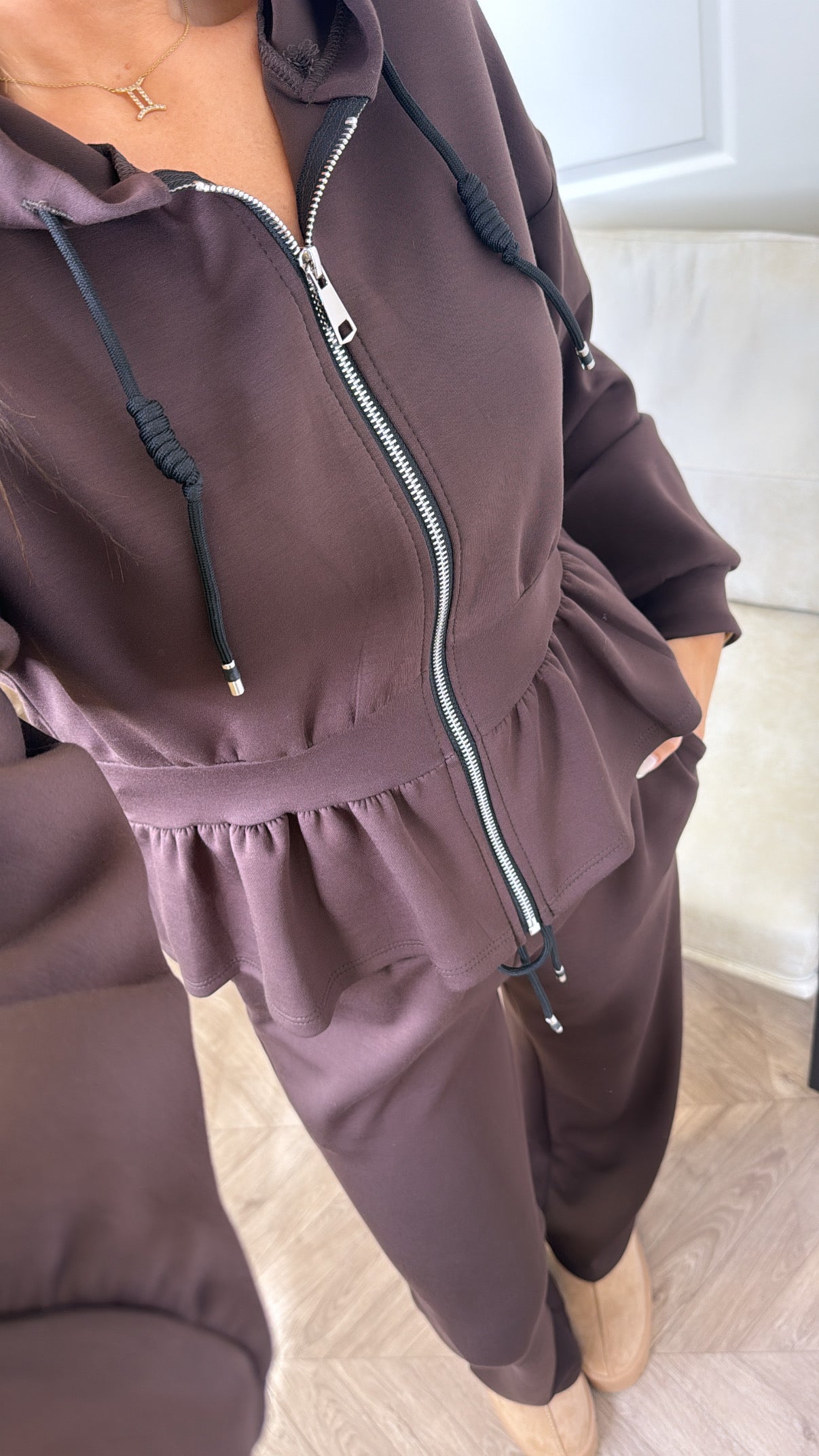 LUELLA chocolate peplum jacket and trousers lounge set