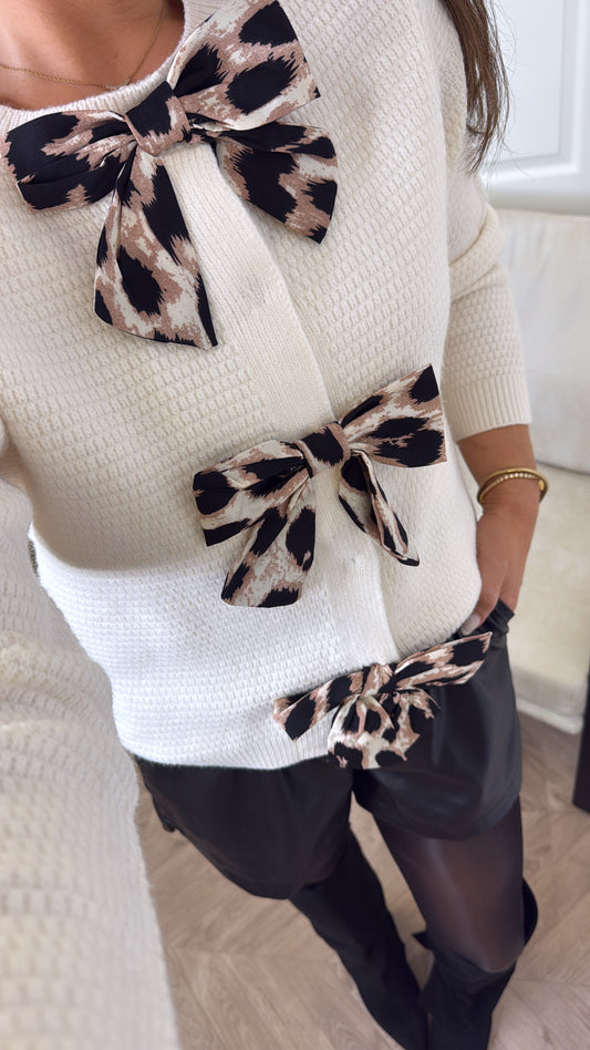 ARIA cream textured cardigan with leopard bow detail