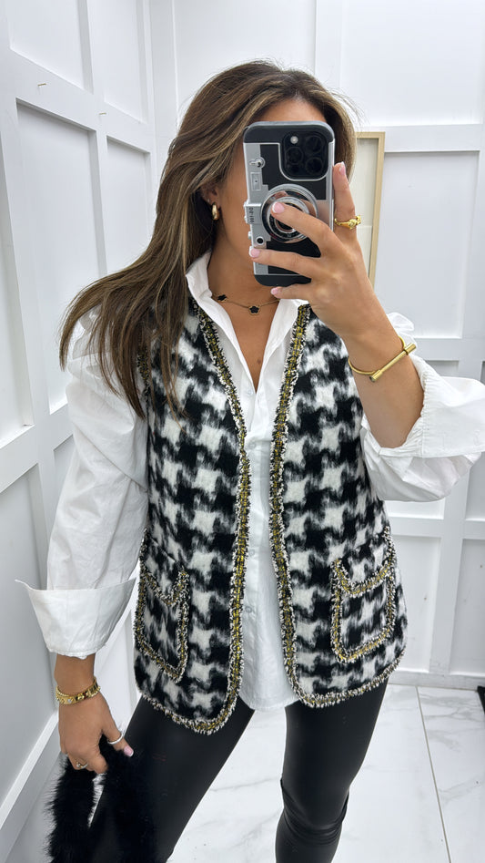 FRANCESCA black & white check waist jacket with glitter detail