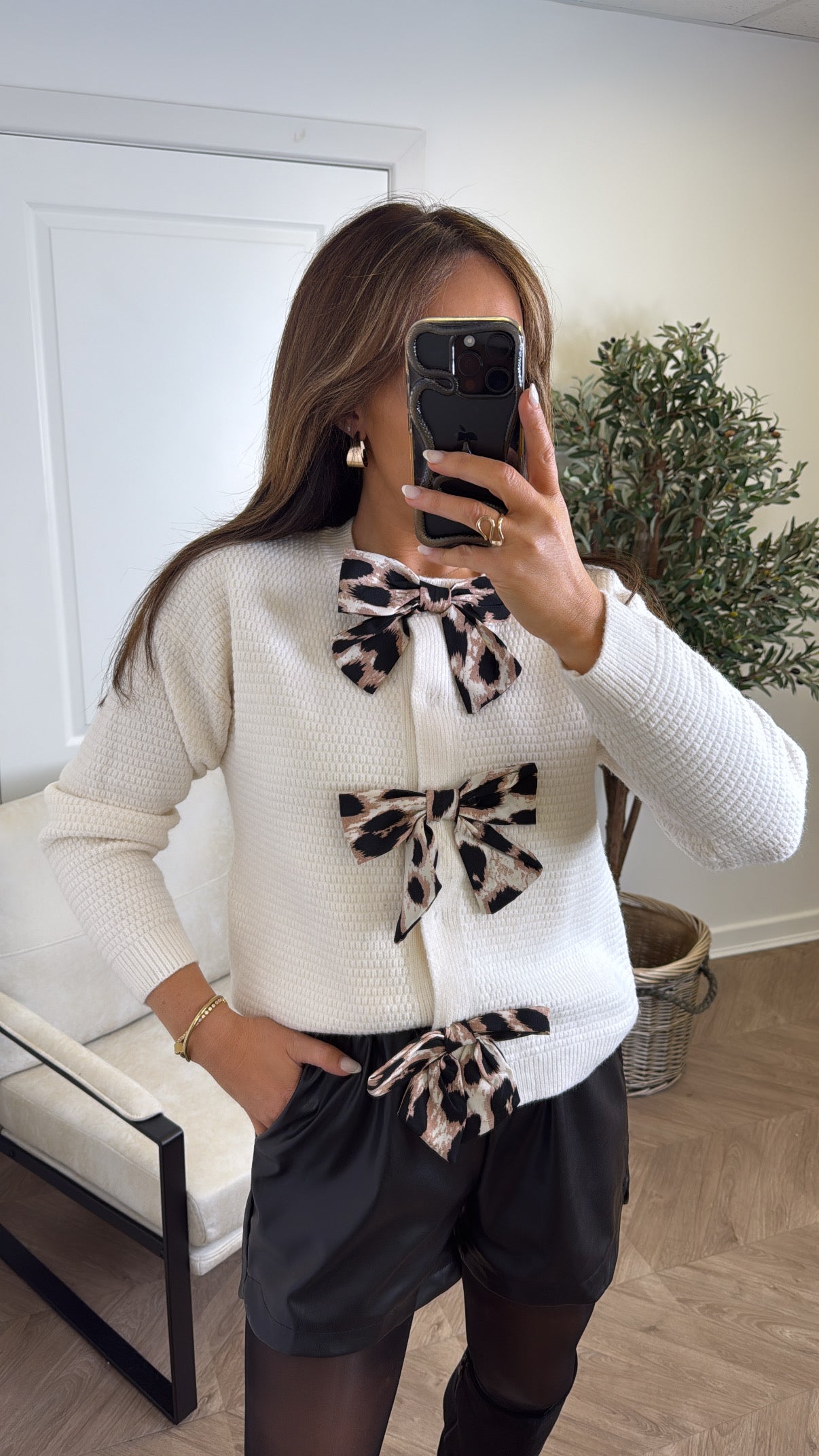 ARIA cream textured cardigan with leopard bow detail