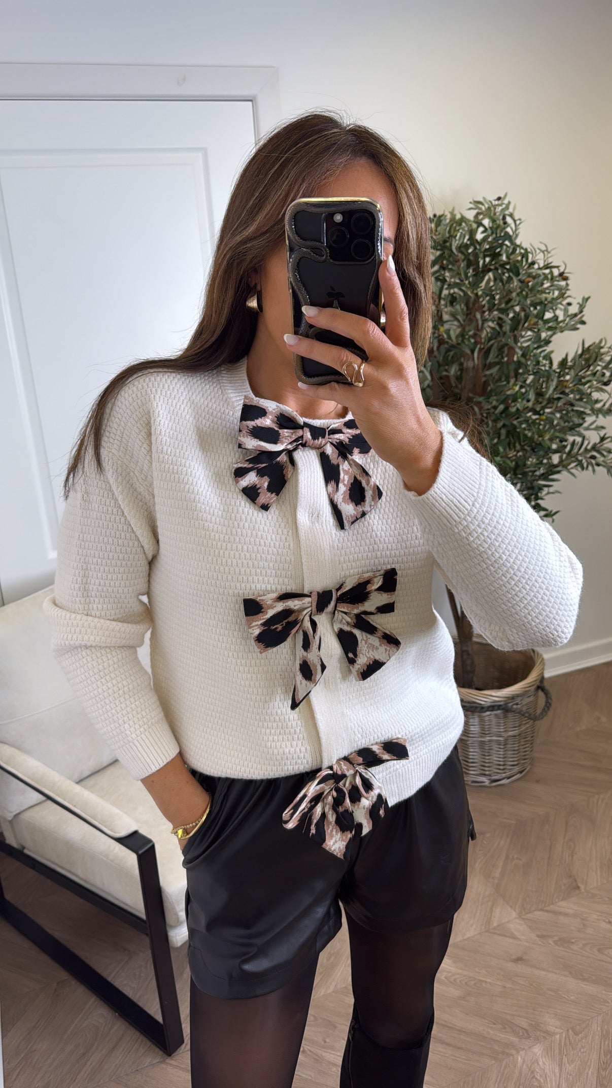 ARIA cream textured cardigan with leopard bow detail