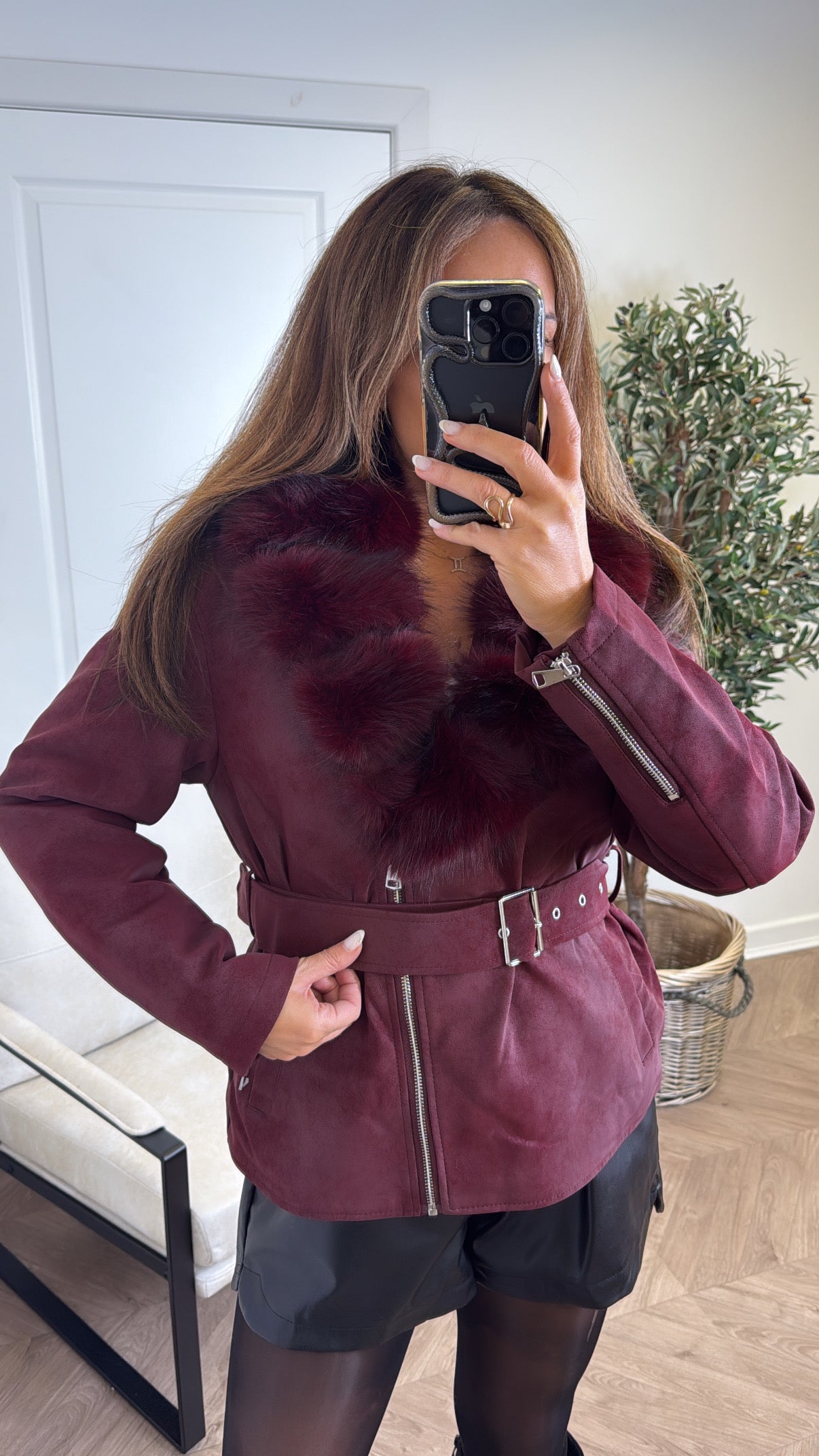 JESSIKA burgundy faux suede fur collar belted jacket