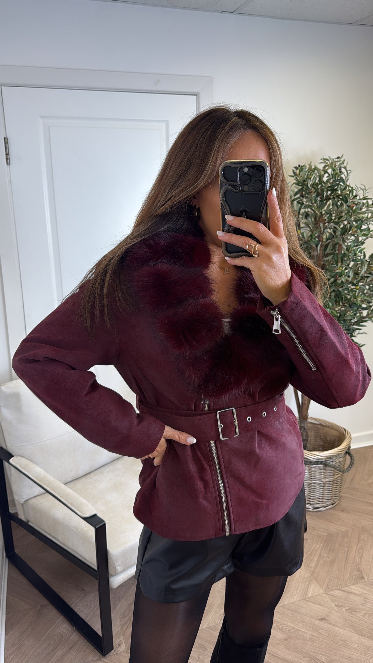 JESSIKA burgundy faux suede fur collar belted jacket