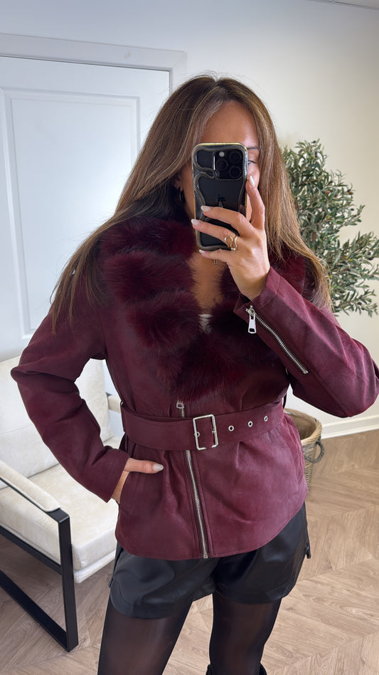 JESSIKA burgundy faux suede fur collar belted jacket
