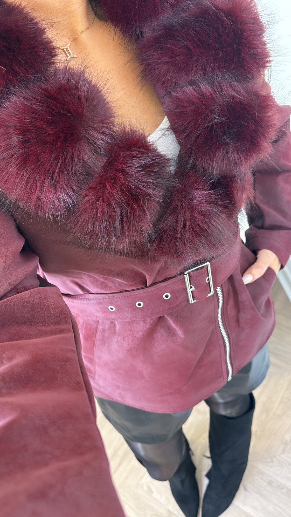 JESSIKA burgundy faux suede fur collar belted jacket