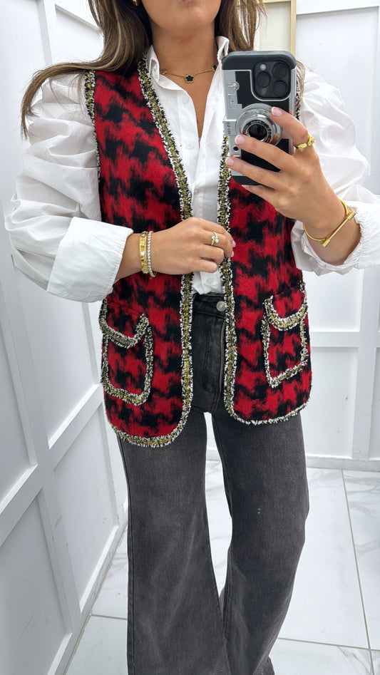 FRANCESCA black & red check waist jacket with glitter detail