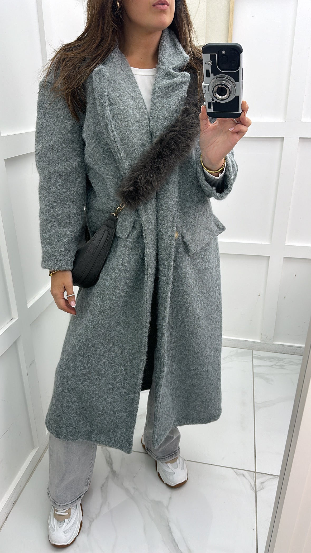 THEA grey soft wool look duster coat