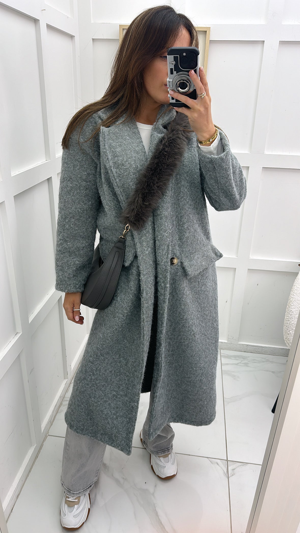 THEA grey soft wool look duster coat