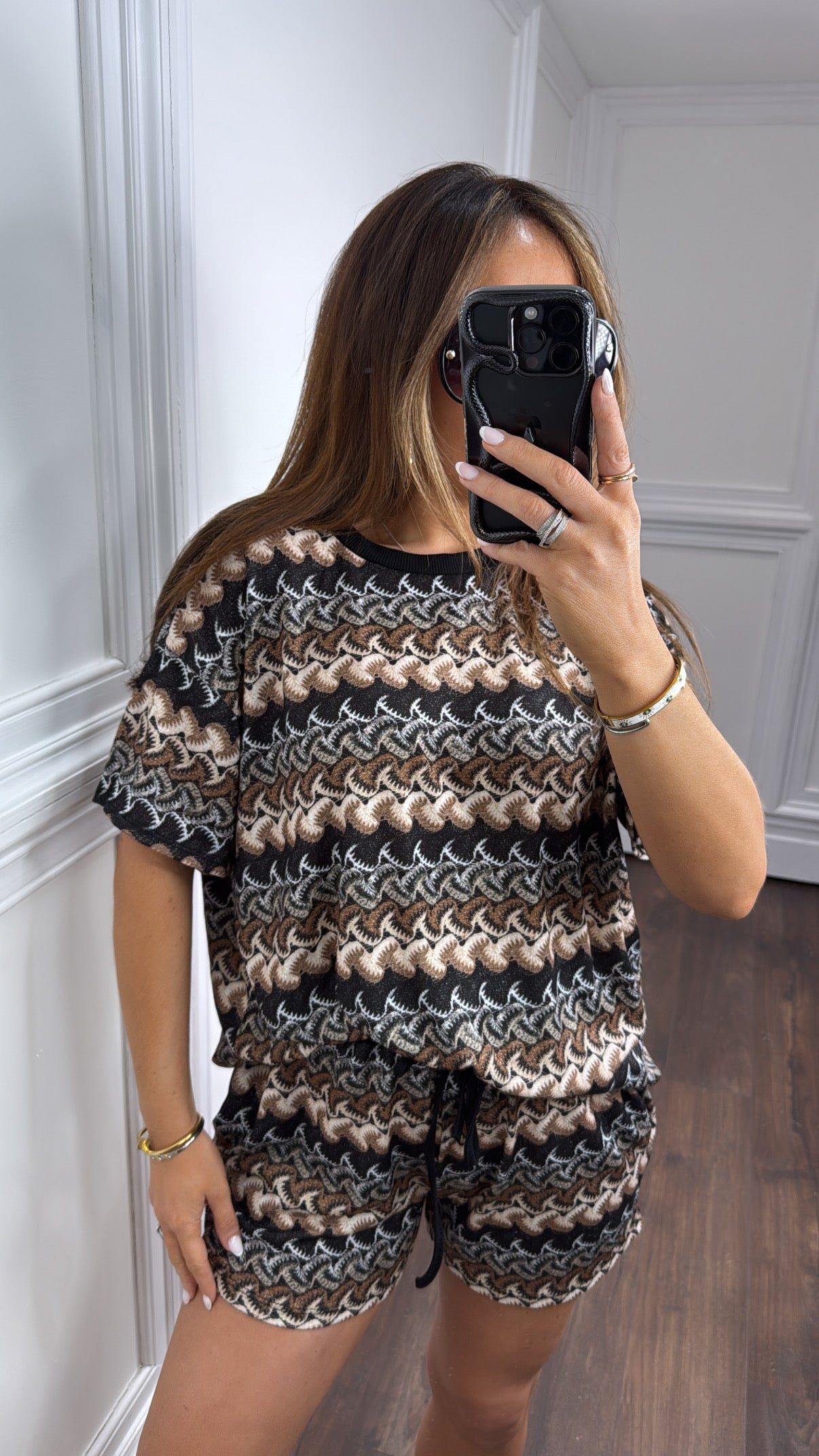 OLIVIA black multi print top and shorts co-ord