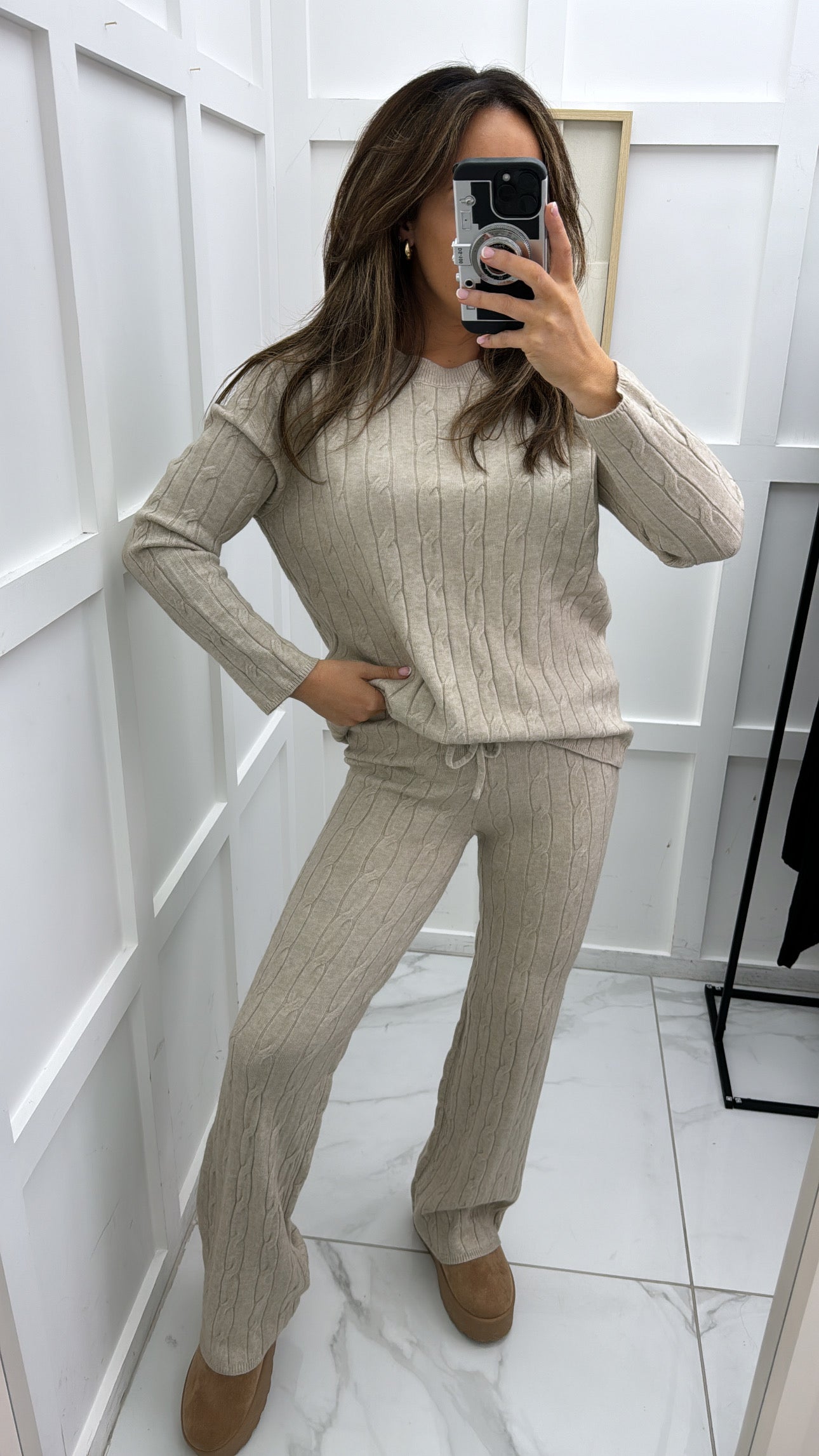 SOFIA beige knitted top & wide leg joggers co-ord