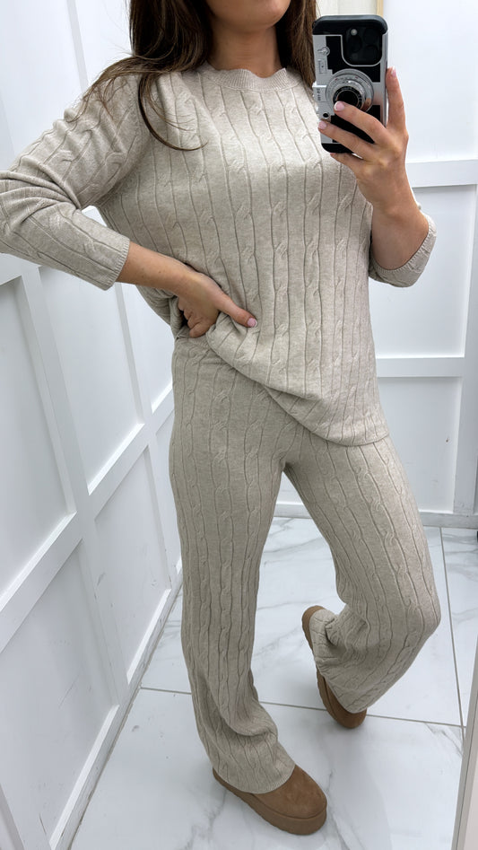 SOFIA beige knitted top & wide leg joggers co-ord