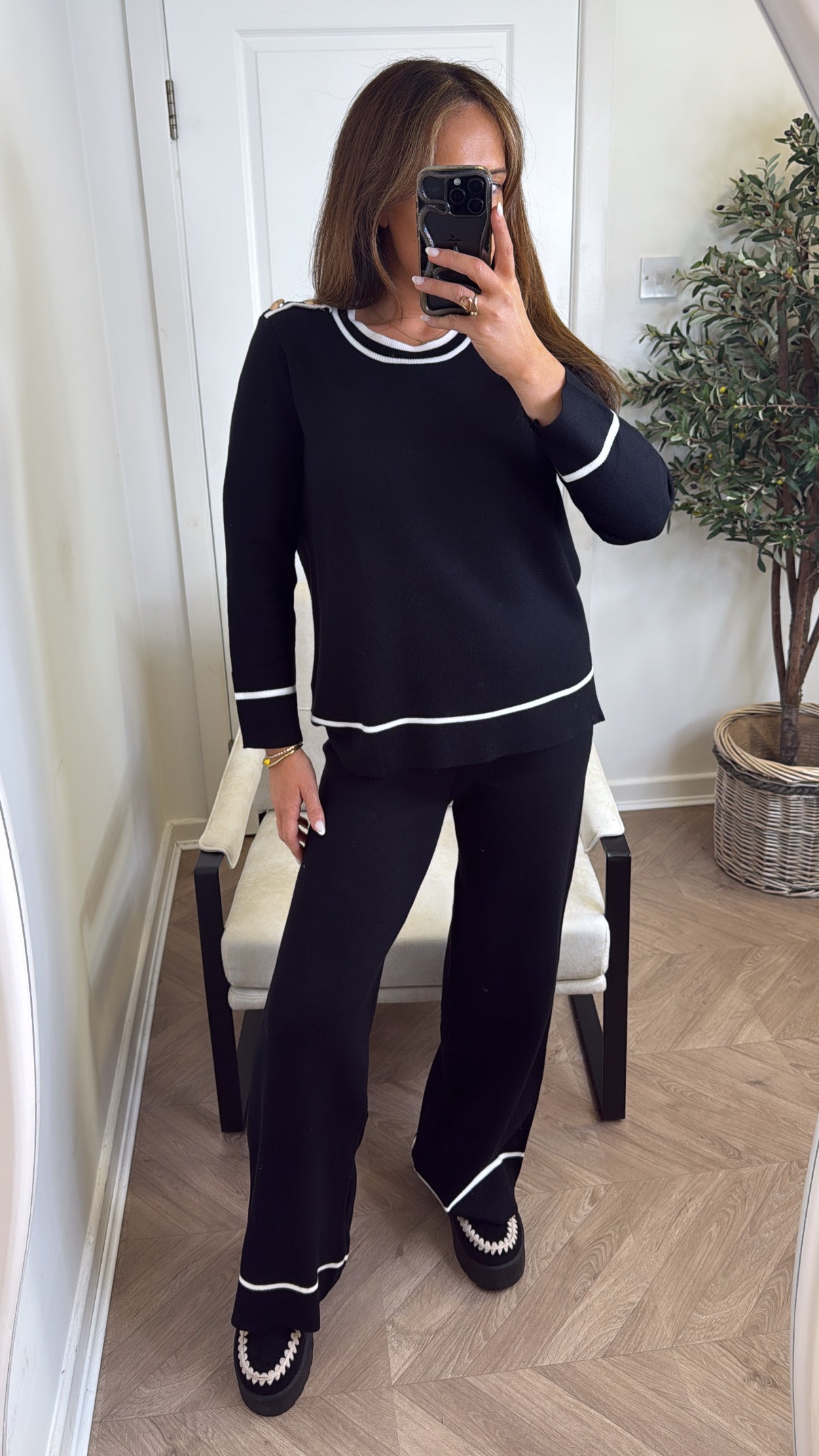 MAGGIE black stripe fine knit top and trousers lounge set