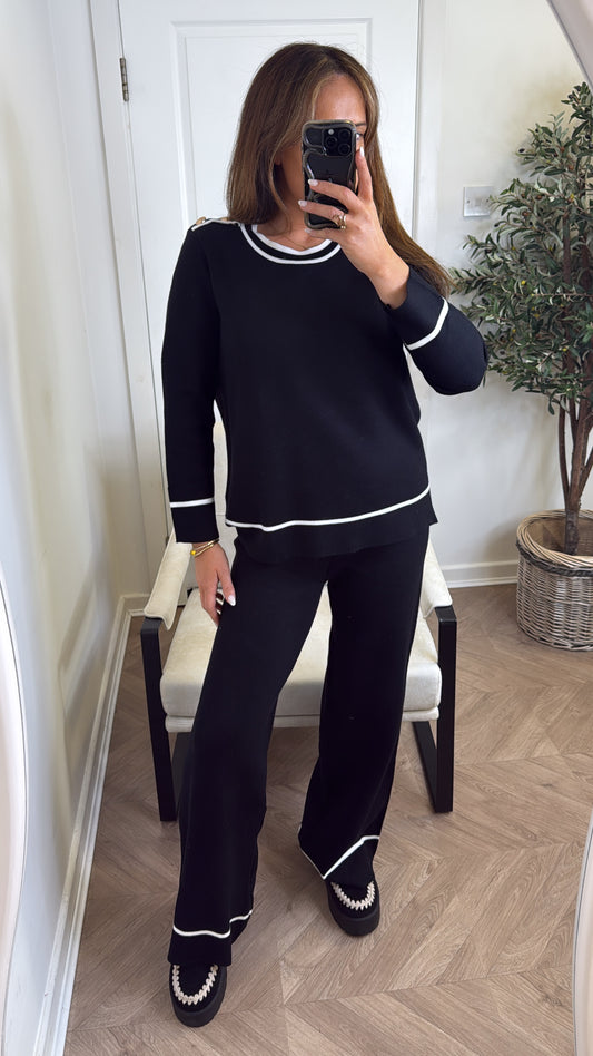 MAGGIE black stripe fine knit top and trousers lounge set