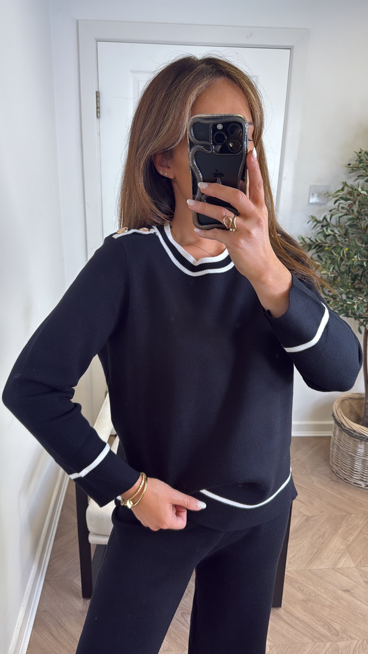 MAGGIE black stripe fine knit top and trousers lounge set