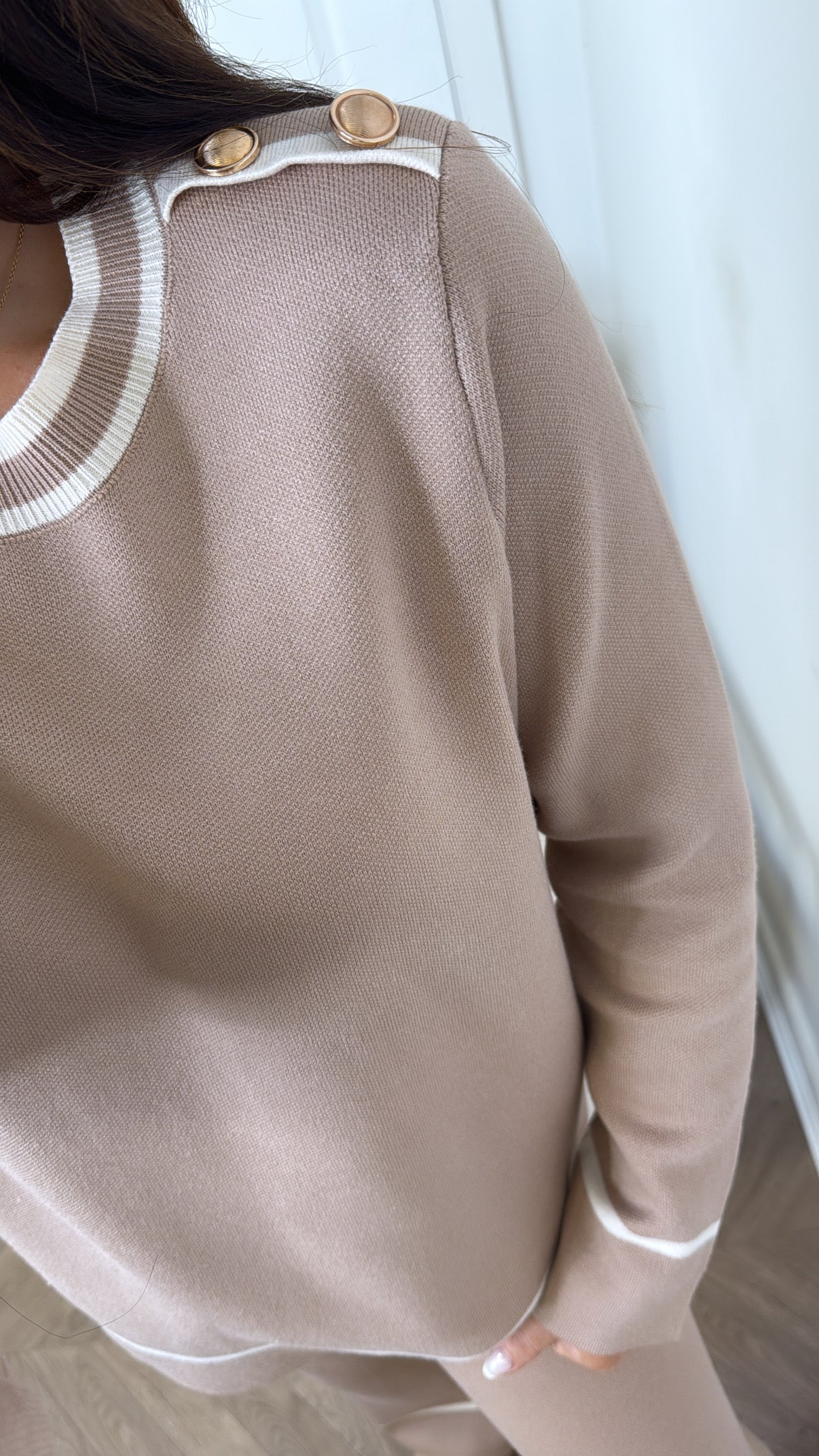 MAGGIE beige stripe fine knit top and trousers lounge set