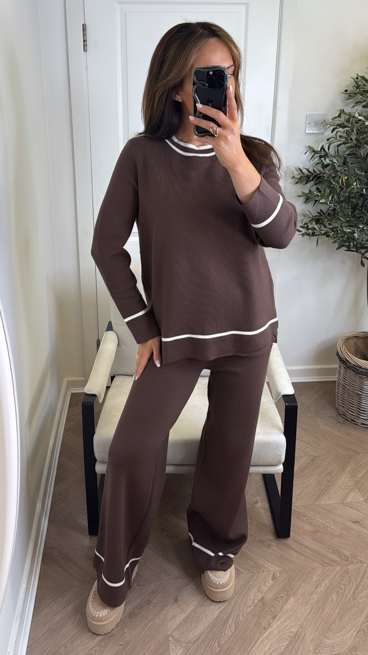 MAGGIE brown stripe fine knit top and trousers lounge set