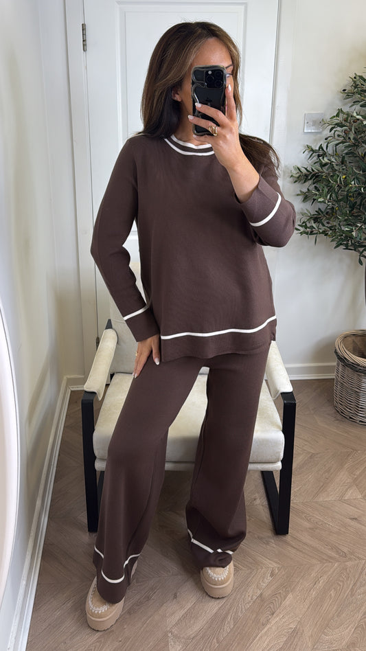 MAGGIE brown stripe fine knit top and trousers lounge set