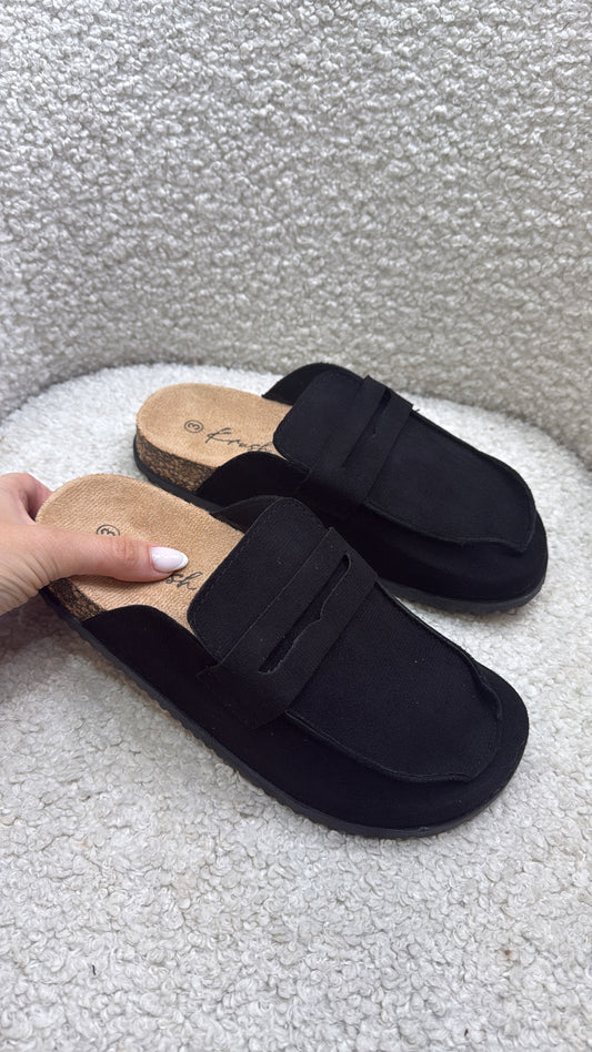HATTIE black faux suede mules