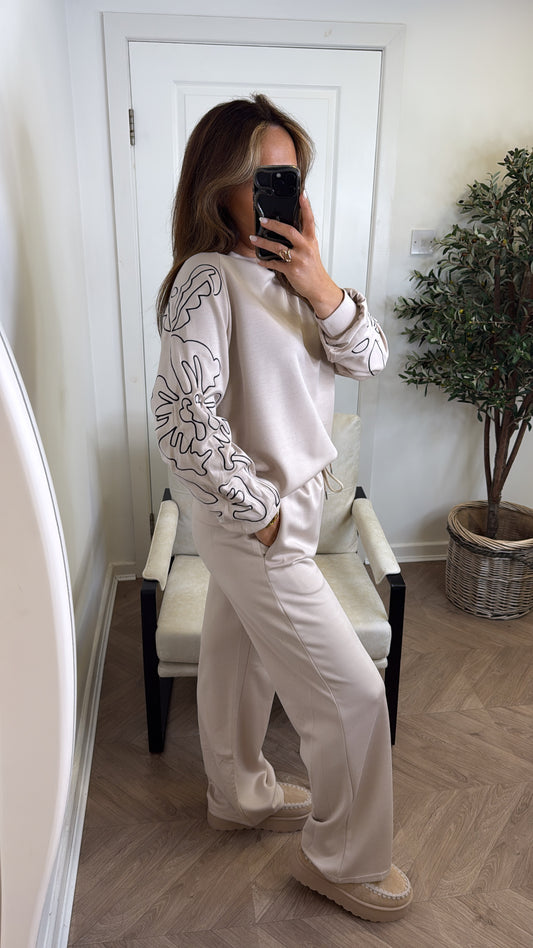 MELANIE beige embroidered detail lounge set
