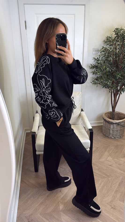MELANIE black embroidered detail lounge set