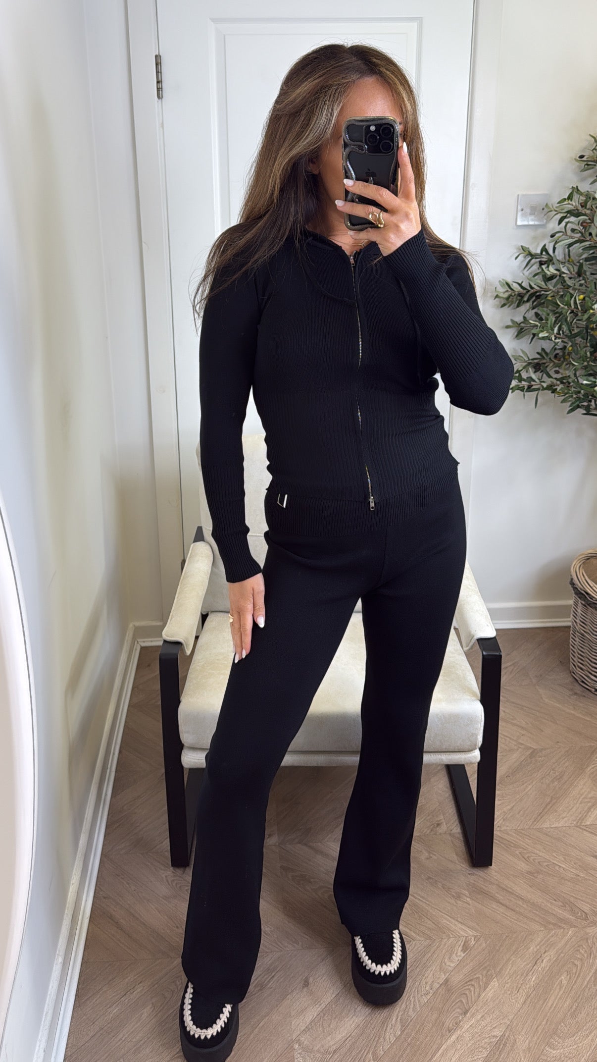PALOMA black fine knit hooded zip up jacket with fold over wide leg trouser's