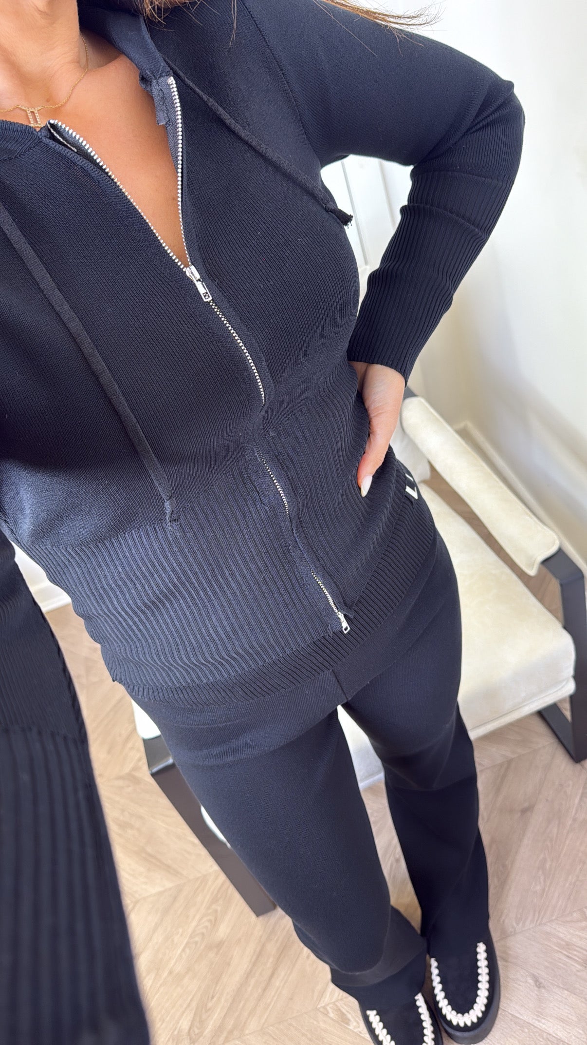 PALOMA black fine knit hooded zip up jacket with fold over wide leg trouser's