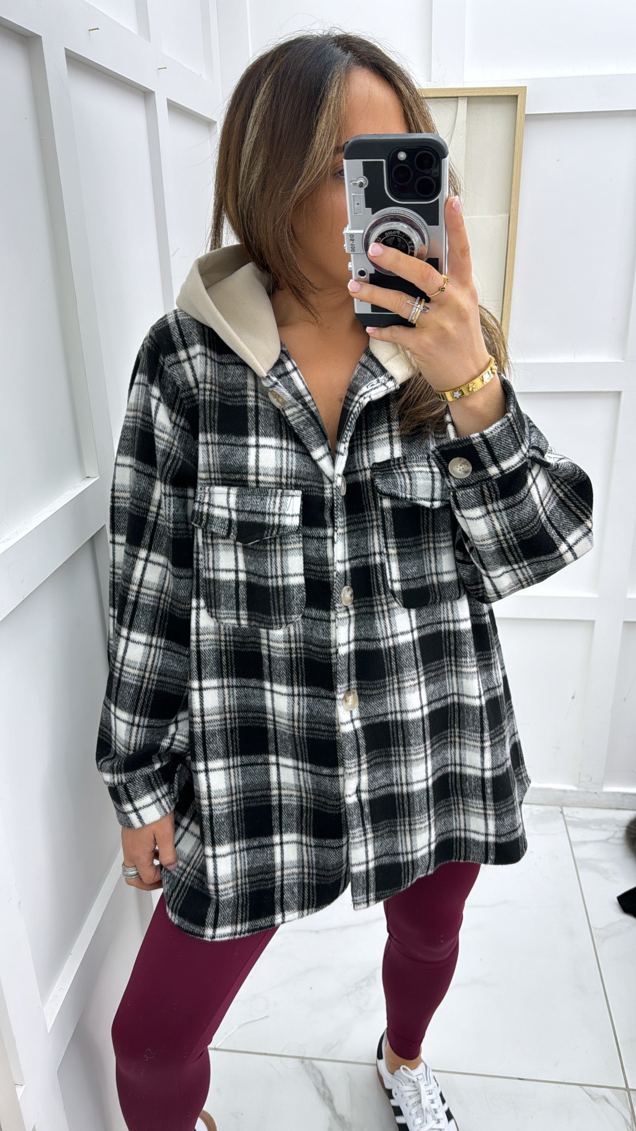 RIO monochrome checked hooded shacket