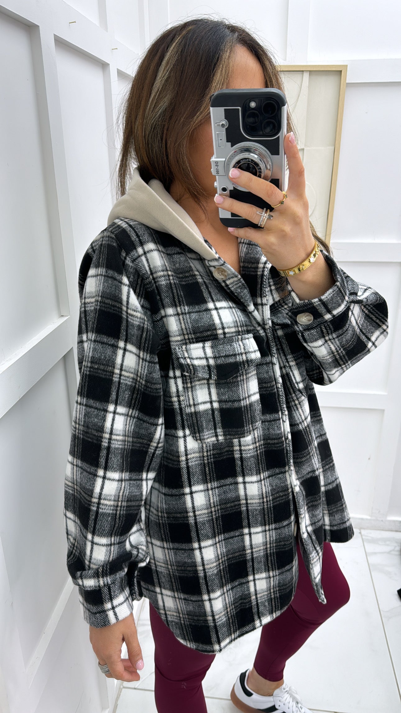 RIO monochrome checked hooded shacket