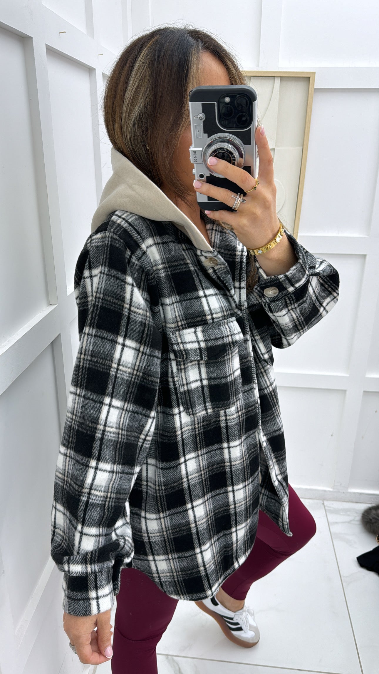 RIO monochrome checked hooded shacket