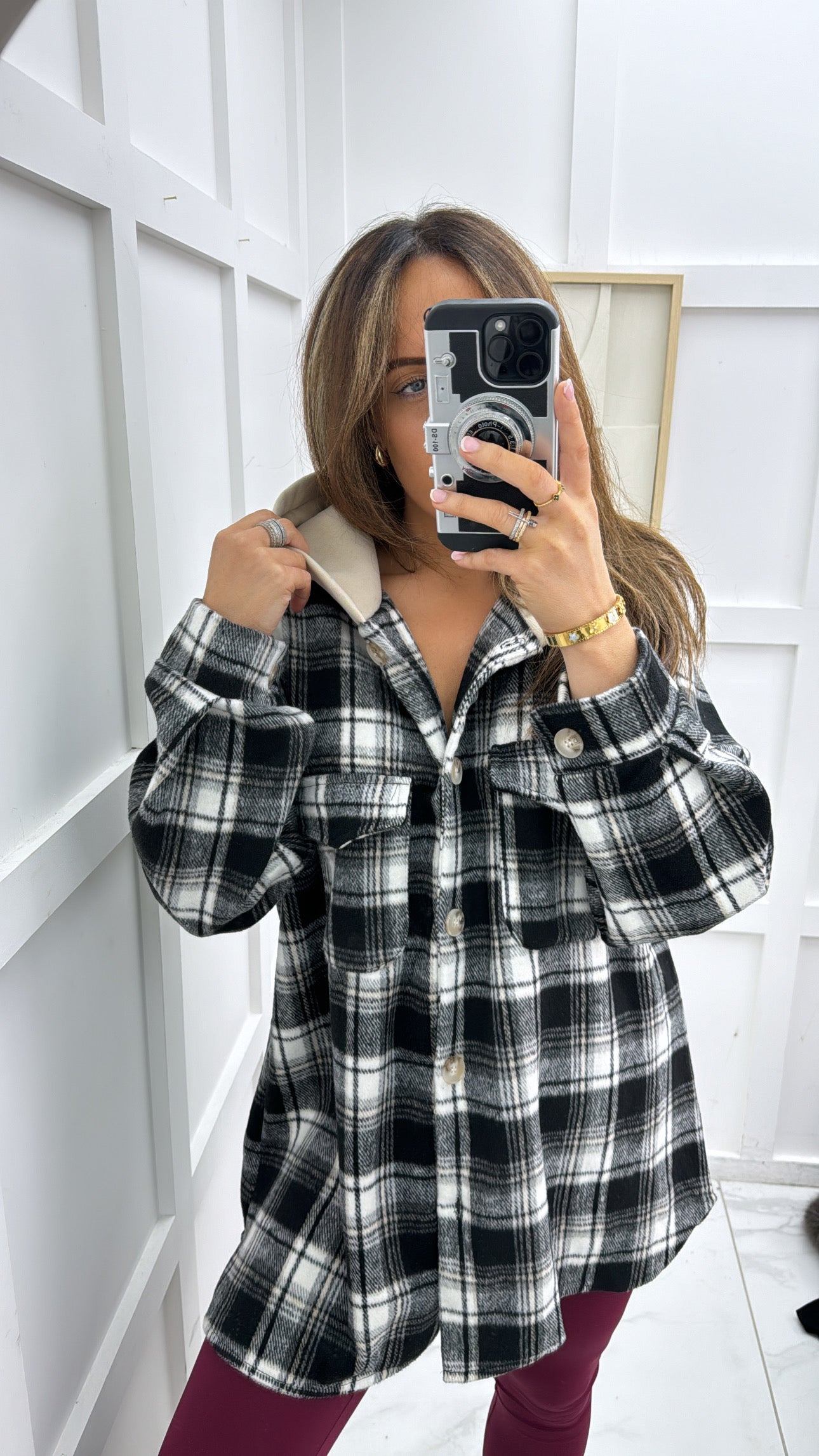 RIO monochrome checked hooded shacket